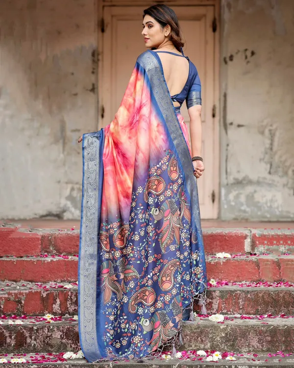 Pink Ombre Tussar Silk Printed Saree with Zari Border