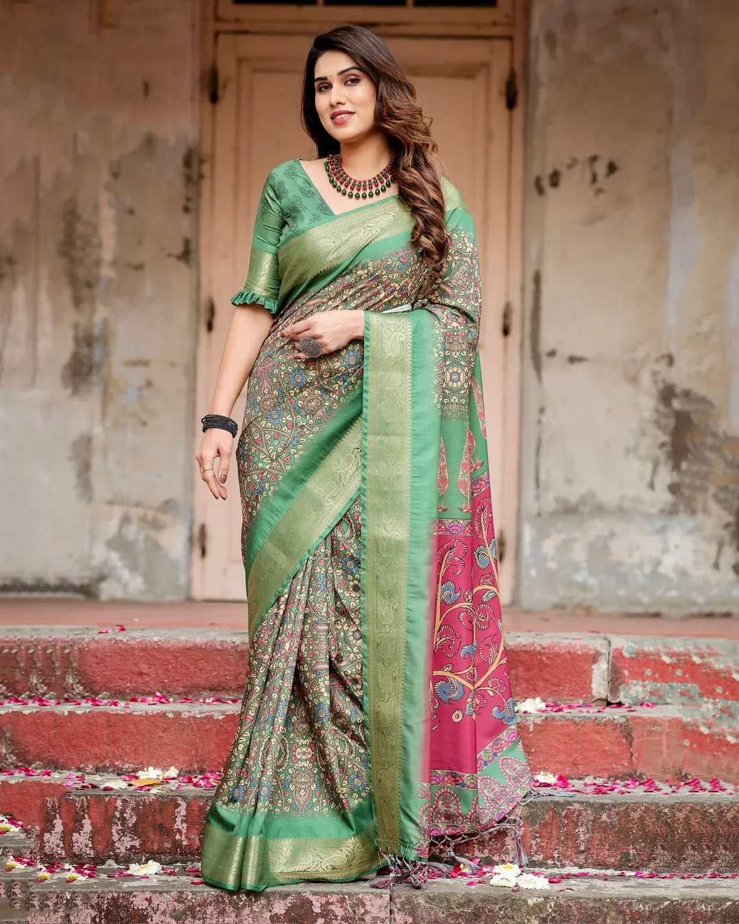 Green Mughal Print Tussar Silk Saree with Zari Border
