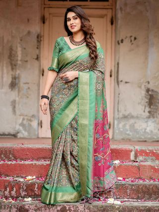 Green Mughal Print Tussar Silk Saree with Zari Border