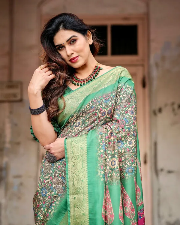 Green Mughal Print Tussar Silk Saree with Zari Border