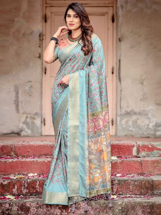 Sky Blue Floral Printed Tussar Silk Saree with Zari