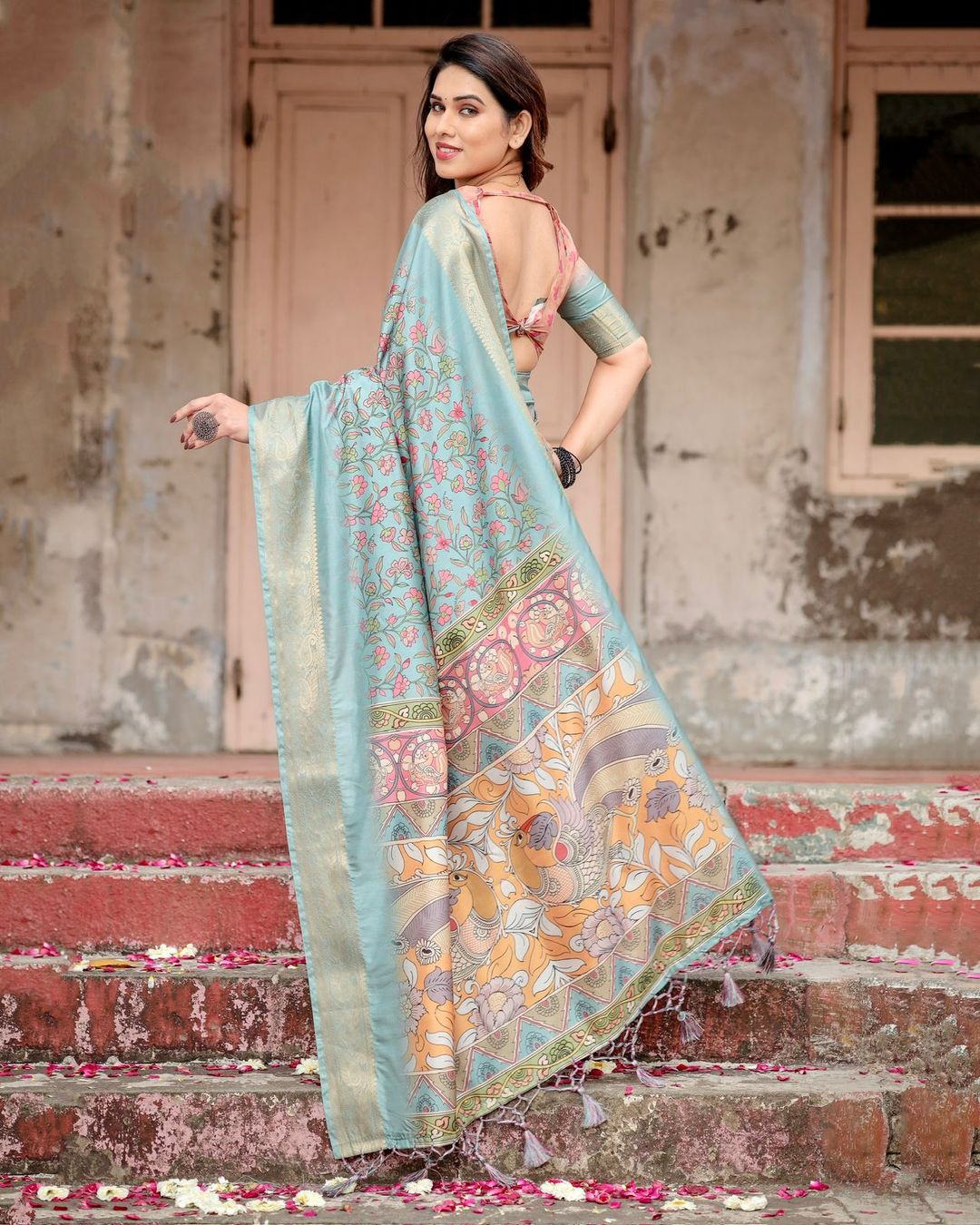 Sky Blue Floral Printed Tussar Silk Saree with Zari