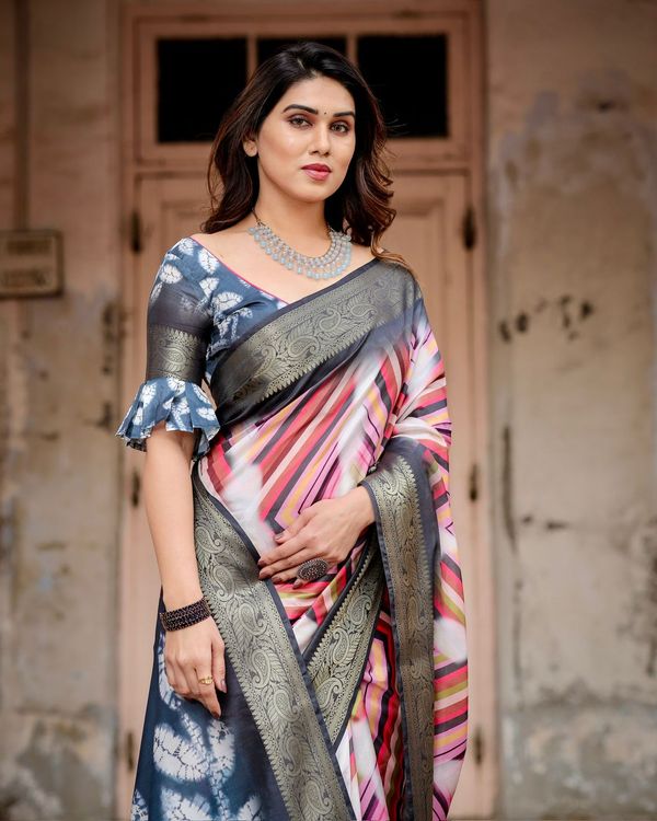 Charcoal Grey Designer Tussar Silk Striped Saree