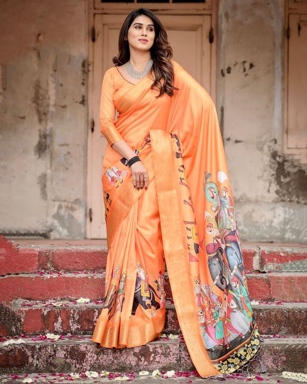 Orange Rajasthani Print Tussar Silk Saree with Zari