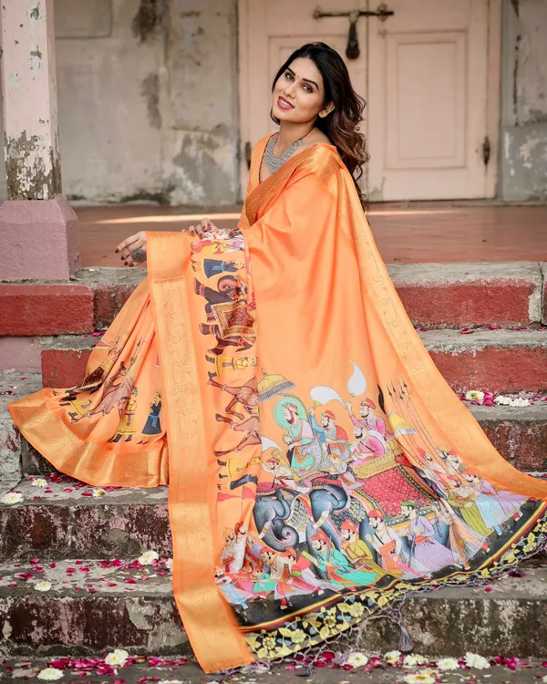 Orange Rajasthani Print Tussar Silk Saree with Zari