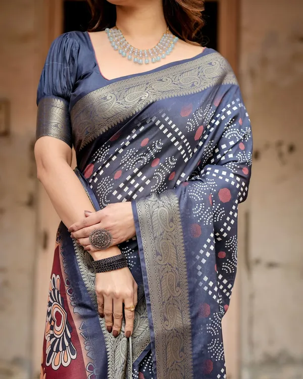 Navy Blue Bandhani Print Tussar Silk Saree with Zari