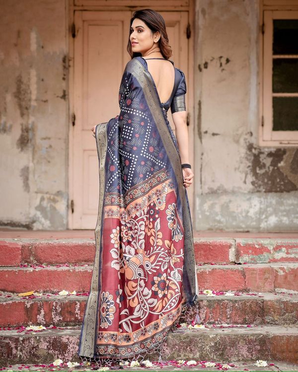Navy Blue Bandhani Print Tussar Silk Saree with Zari