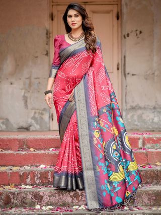 Wine Red Bandhani Print Tussar Silk Saree with Zari