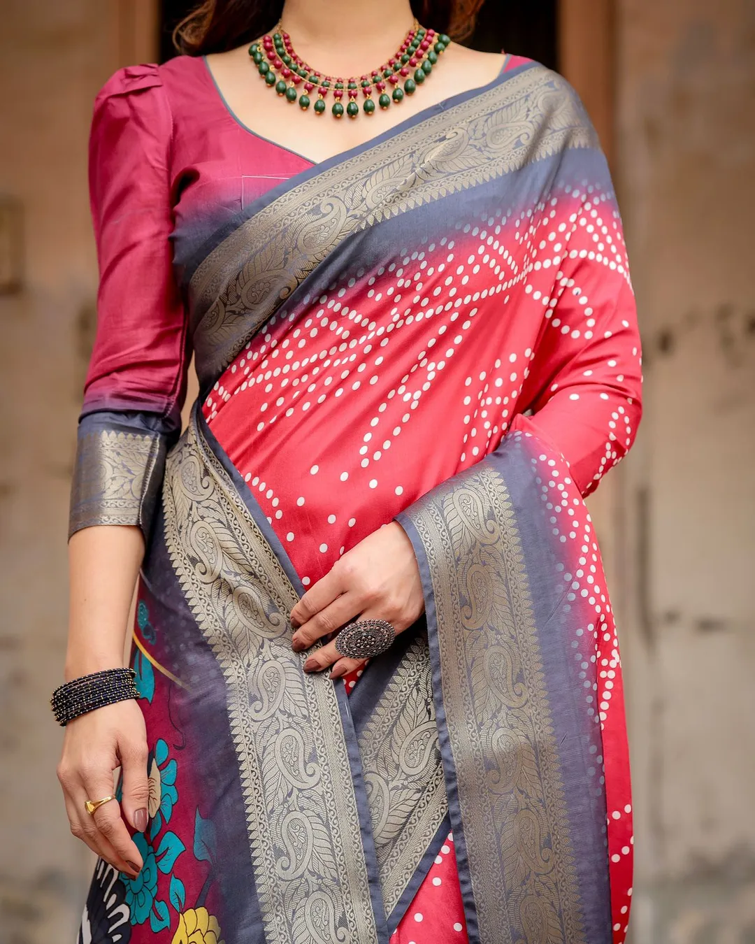 Wine Red Bandhani Print Tussar Silk Saree with Zari