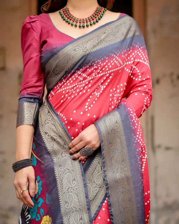 Wine Red Bandhani Print Tussar Silk Saree with Zari