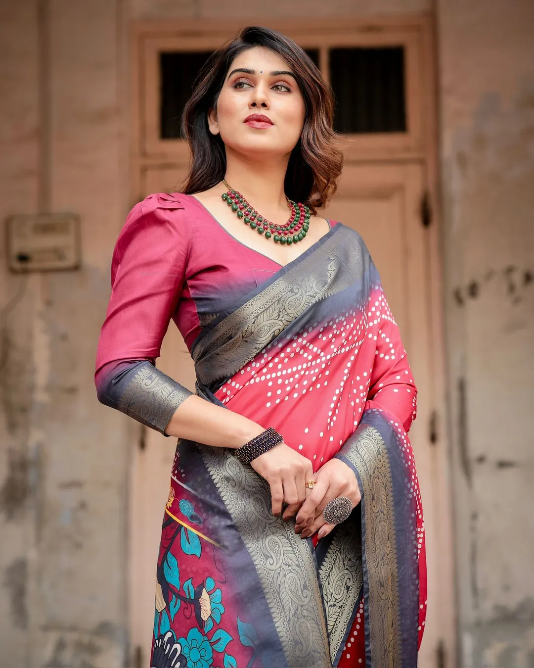 Wine Red Bandhani Print Tussar Silk Saree with Zari