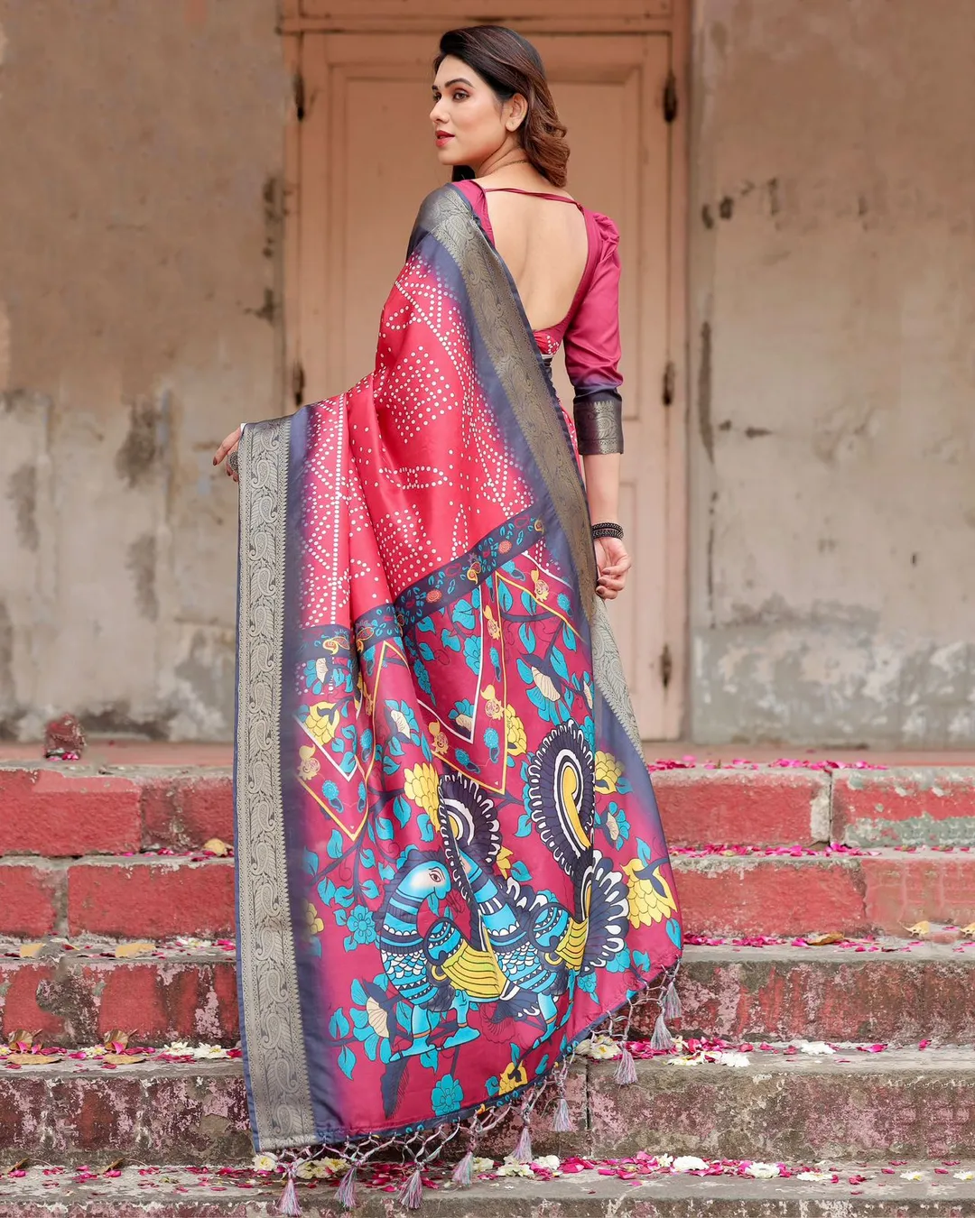 Wine Red Bandhani Print Tussar Silk Saree with Zari