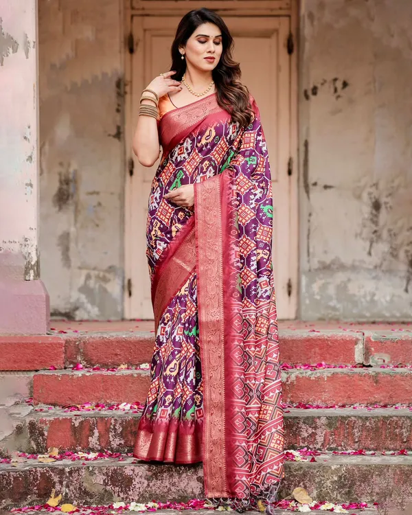 Royal Purple Tussar Silk Saree with Traditional Ikat Print