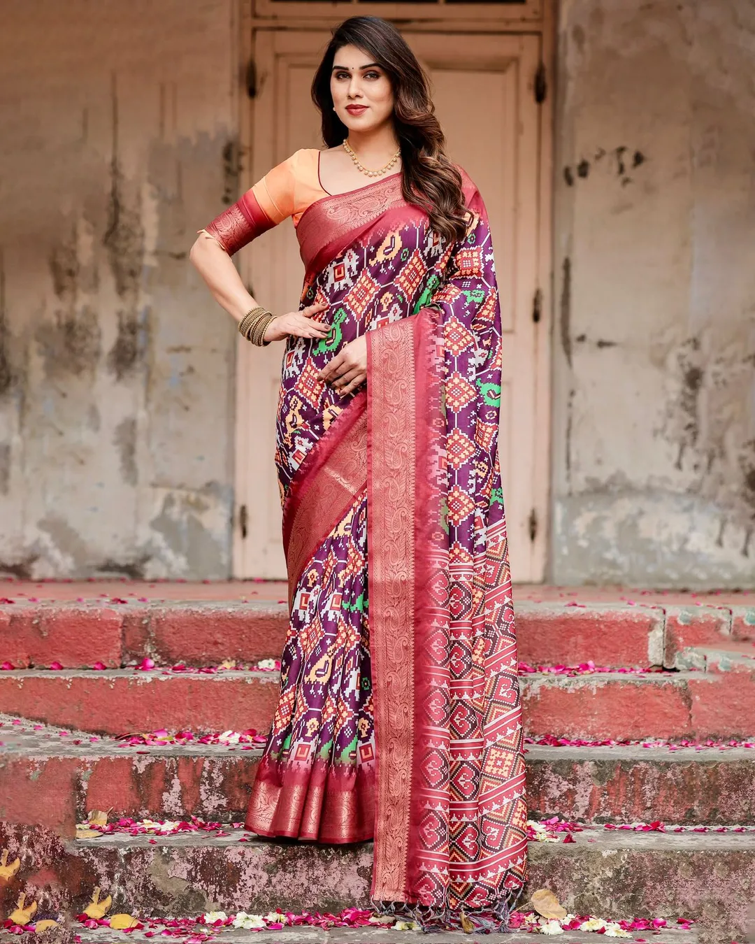 Royal Purple Tussar Silk Saree with Traditional Ikat Print