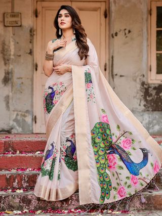 Ivory Peacock Print Soft Silk Saree with Zari Border
