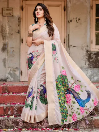 Ivory Peacock Print Soft Silk Saree with Zari Border