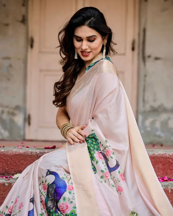 Ivory Peacock Print Soft Silk Saree with Zari Border