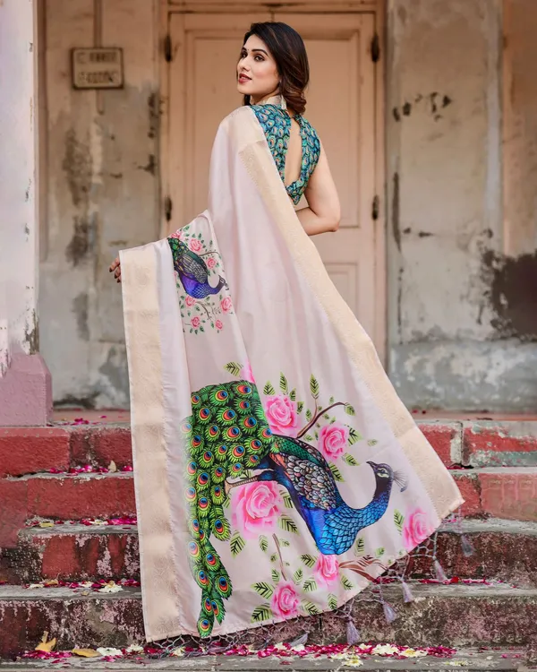 Ivory Peacock Print Soft Silk Saree with Zari Border