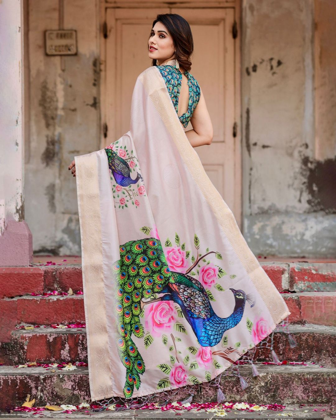 Ivory Peacock Print Soft Silk Saree with Zari Border