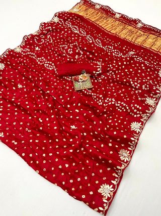 Red Bandhani Gajji Silk Saree with Gota Patti Handworks