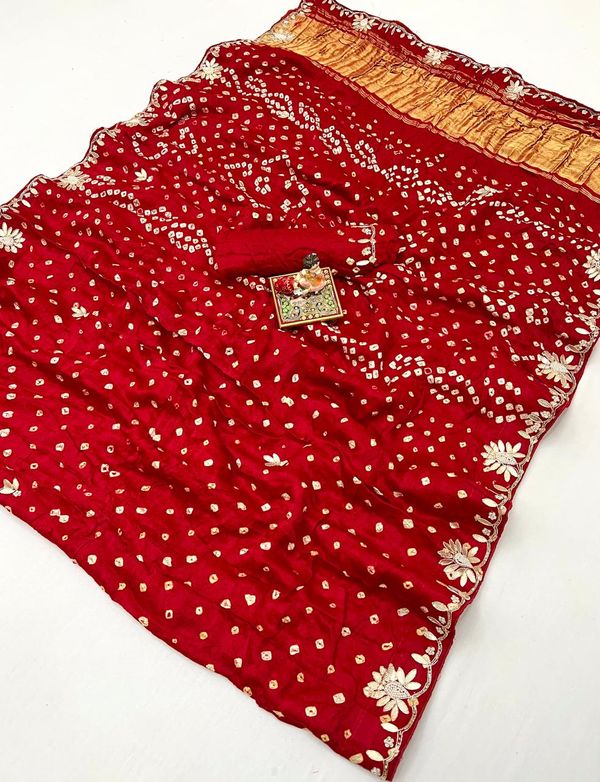 Red Bandhani Gajji Silk Saree with Gota Patti Handworks