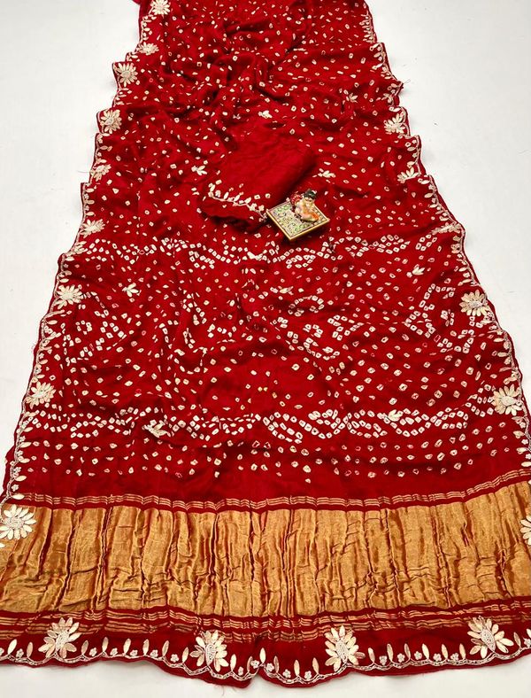 Red Bandhani Gajji Silk Saree with Gota Patti Handworks