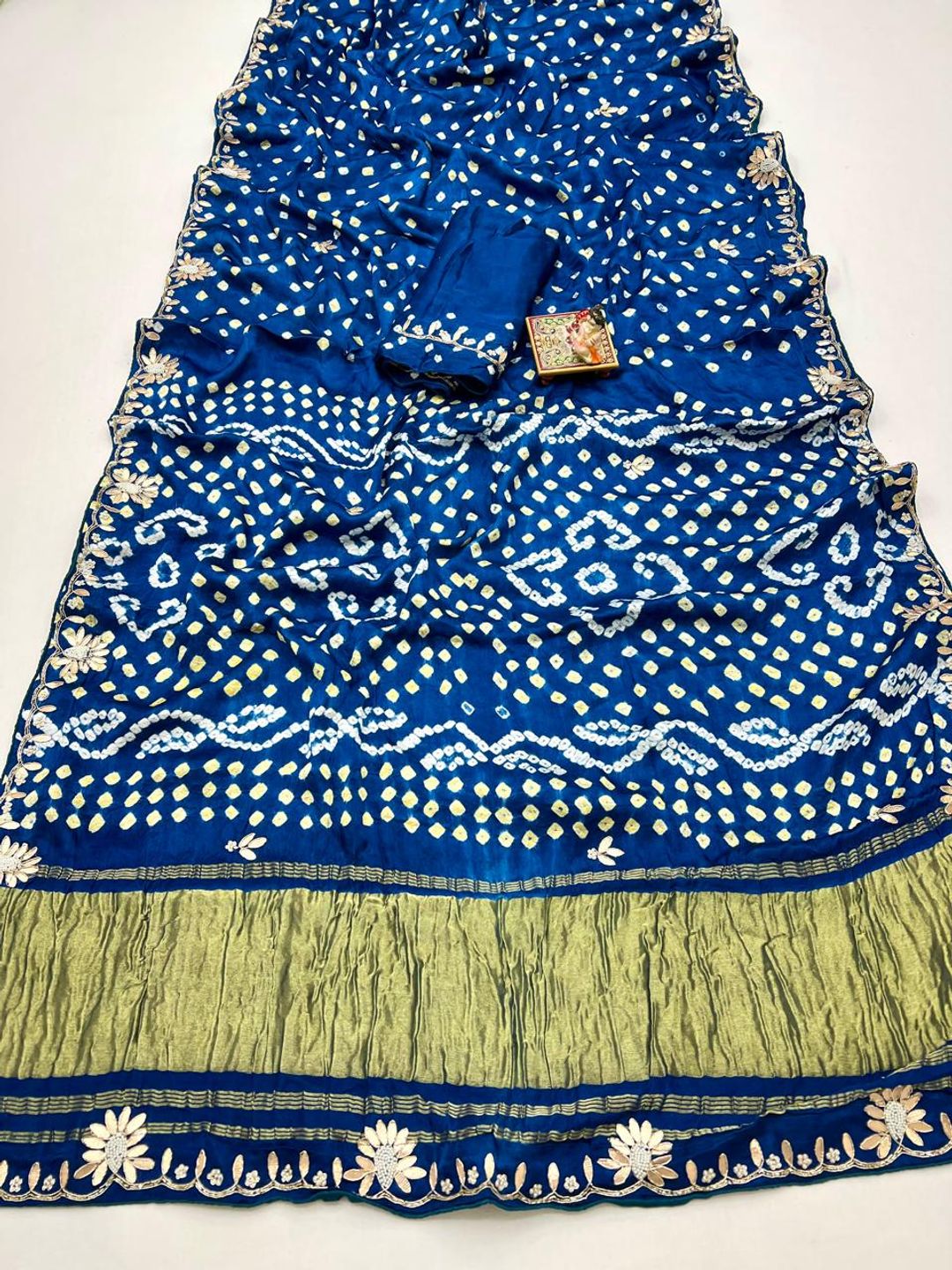 Blue Bandhani Viscose Gajji Silk Saree with Gota Patti