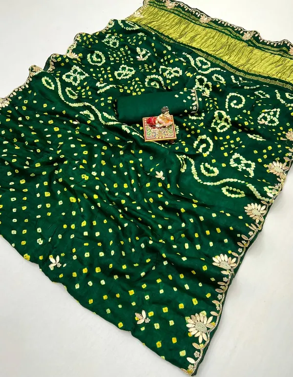 Green Bandhani Viscose Gajji Silk Saree with Gota Patti