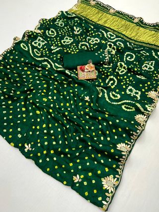 Green Bandhani Viscose Gajji Silk Saree with Gota Patti