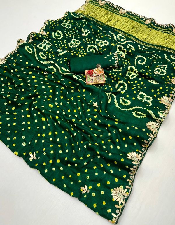 Green Bandhani Viscose Gajji Silk Saree with Gota Patti
