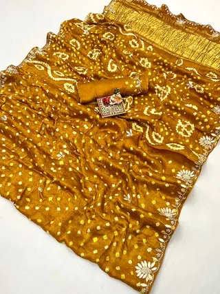 Mustard Bandhani Viscose Gajji Silk Saree with Handwork