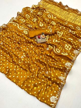 Mustard Bandhani Viscose Gajji Silk Saree with Handwork