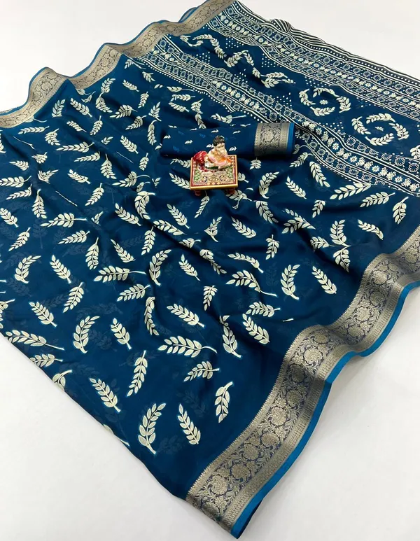 Teal Printed Moss Georgette Saree With Zari Border
