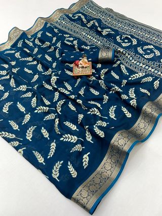 Teal Printed Moss Georgette Saree With Zari Border