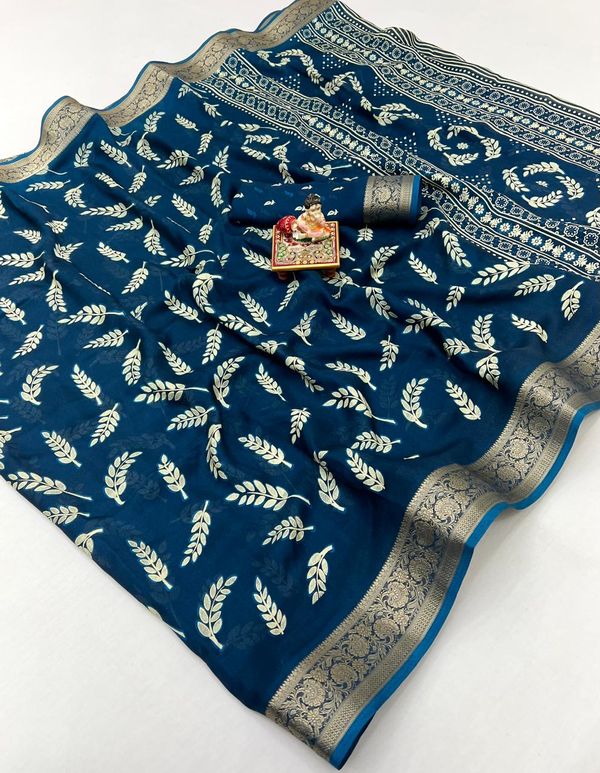 Teal Printed Moss Georgette Saree With Zari Border