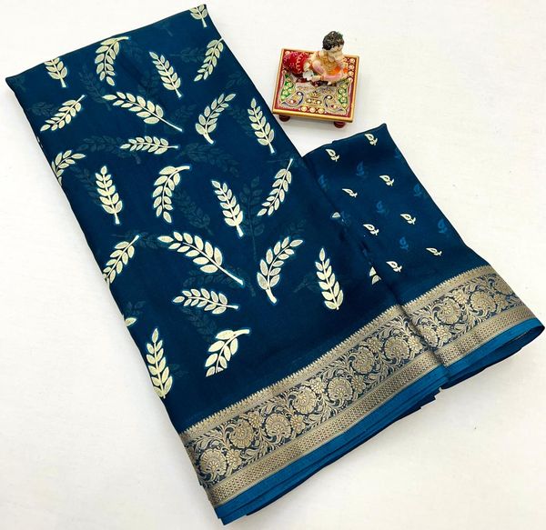 Teal Printed Moss Georgette Saree With Zari Border