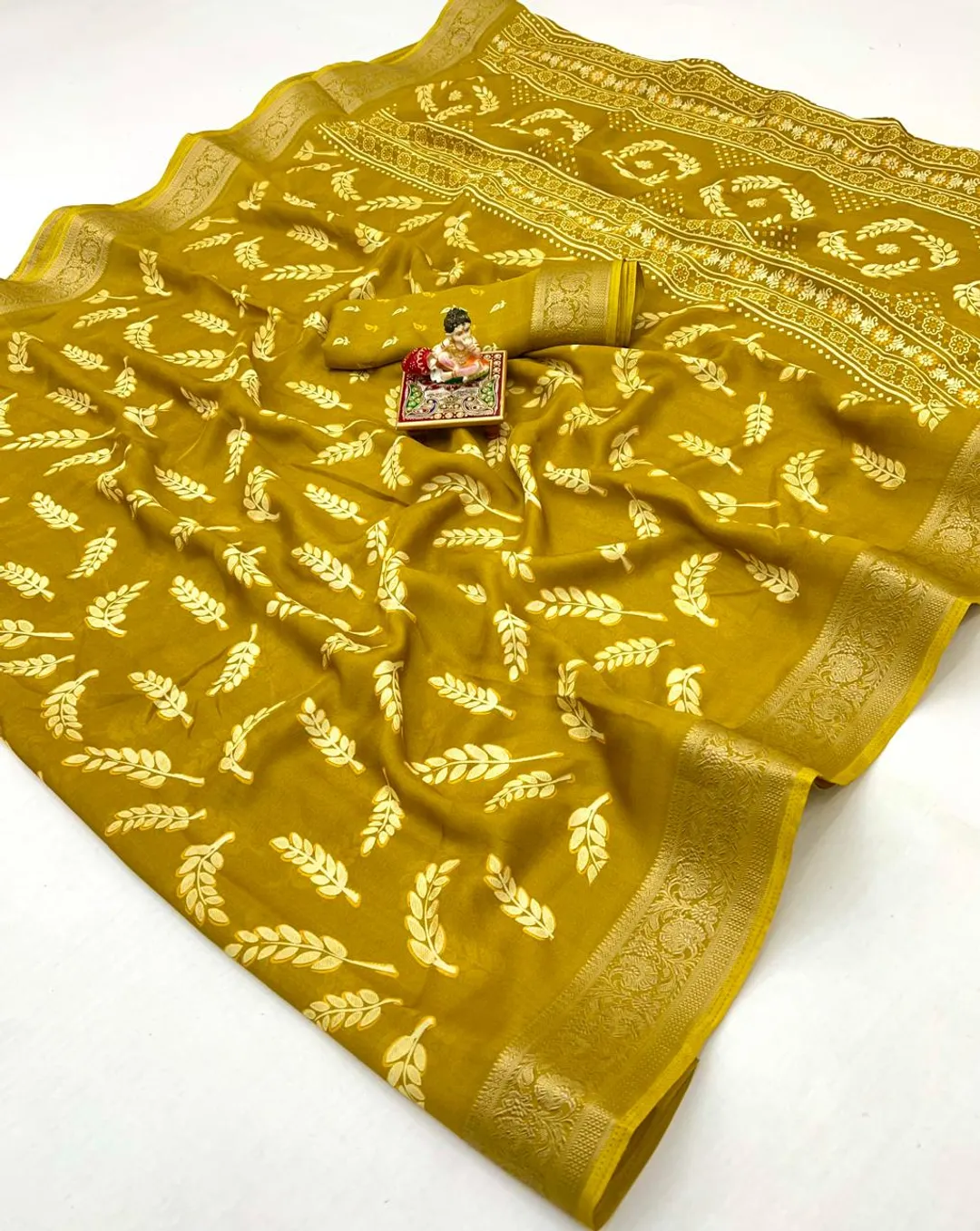 Mustard Printed Moss Georgette Saree With Zari Border
