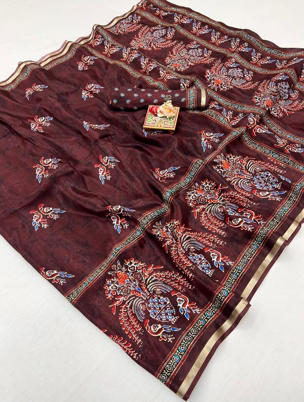 Maroon Digital Print Uppada Silk Saree With Woven Blouse