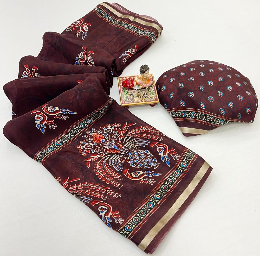 Maroon Digital Print Uppada Silk Saree With Woven Blouse