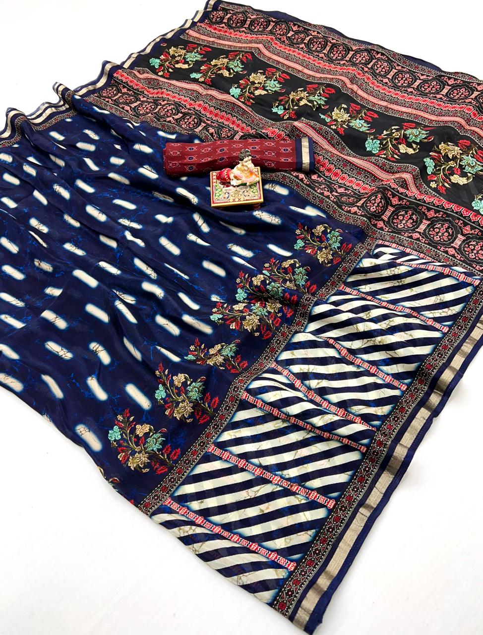 Floral blue silk saree for party