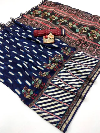Premium Navy Blue Floral Uppada Silk Party Wear Saree