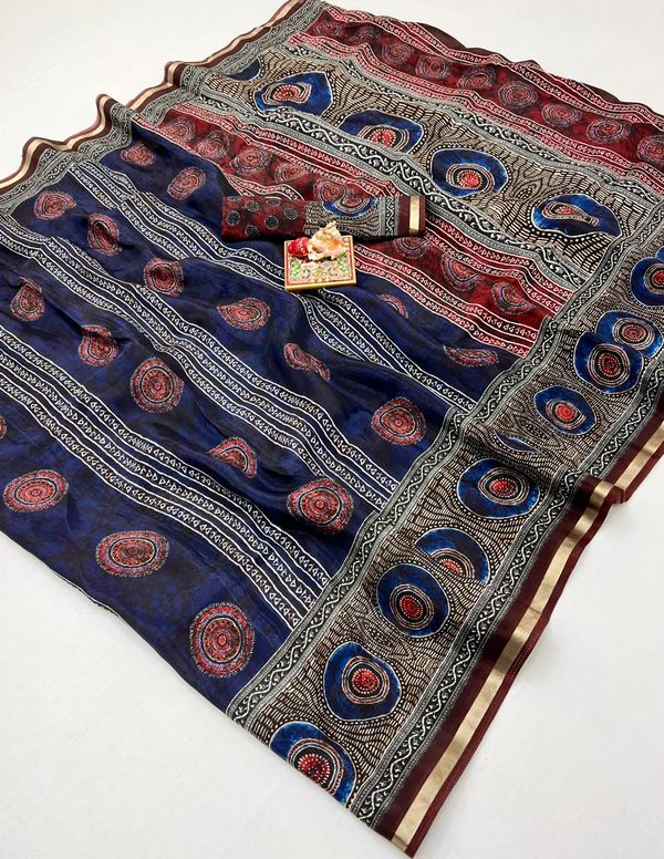 Royal Blue Ajrakh Digital Uppada Silk Saree With Blouse