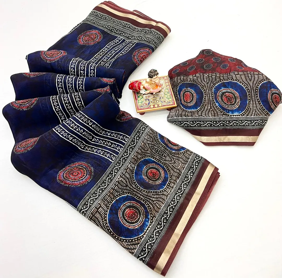 Royal Blue Ajrakh Digital Uppada Silk Saree With Blouse