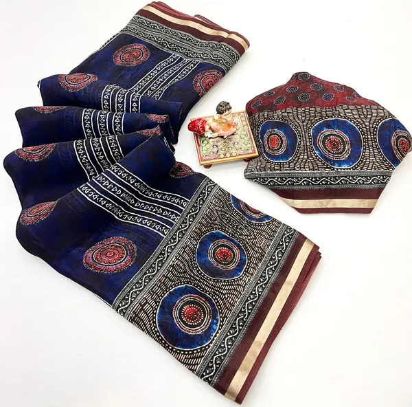 Royal Blue Ajrakh Digital Uppada Silk Saree With Blouse