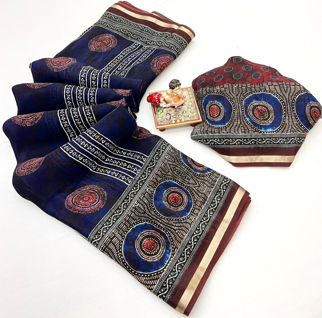 Royal Blue Ajrakh Digital Uppada Silk Saree With Blouse