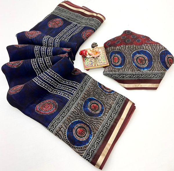 Royal Blue Ajrakh Digital Uppada Silk Saree With Blouse