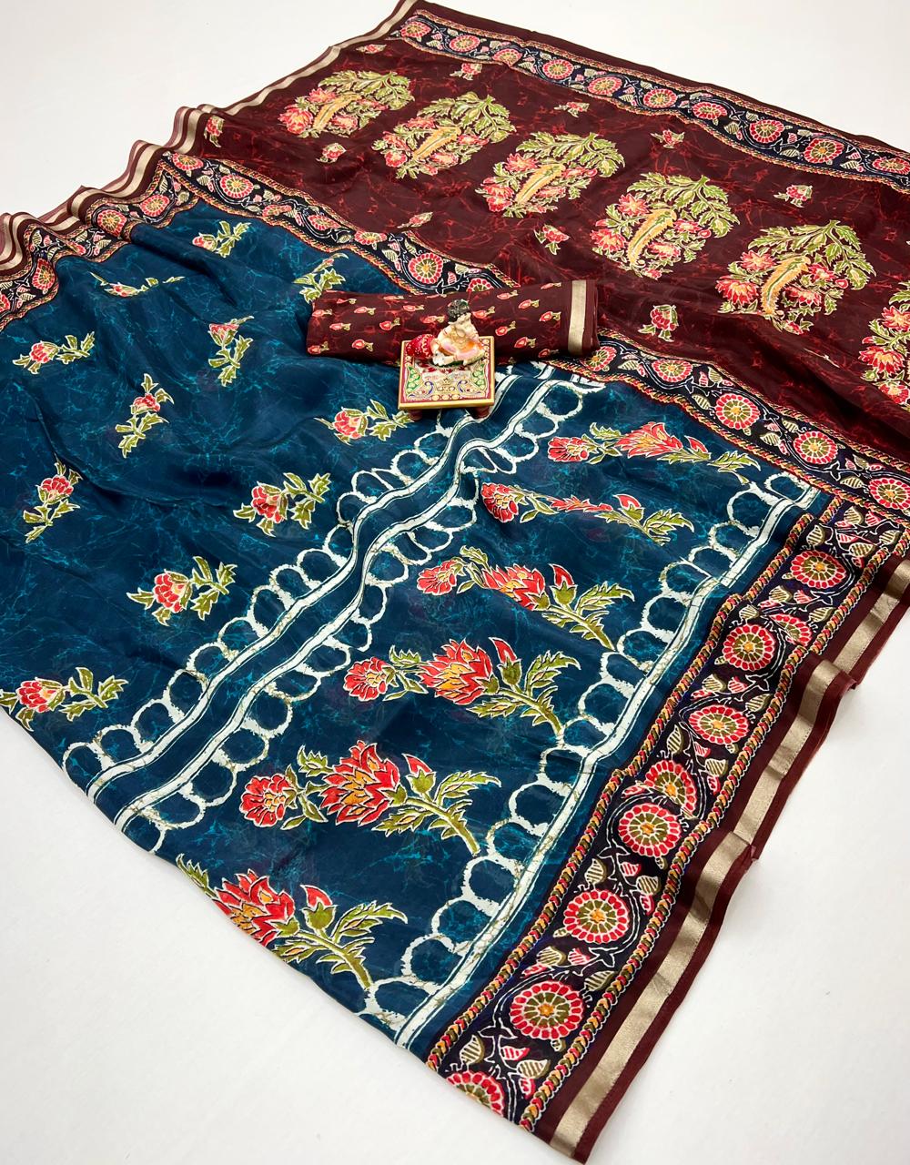 Floral teal silk saree