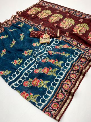 Teal Blue Floral Digital Uppada Silk Saree With Blouse