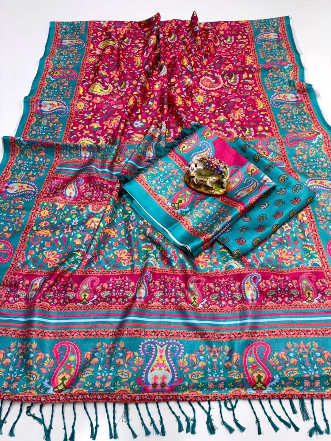 Teal Pink Digital Pashmina Saree With Shawl & Blouse