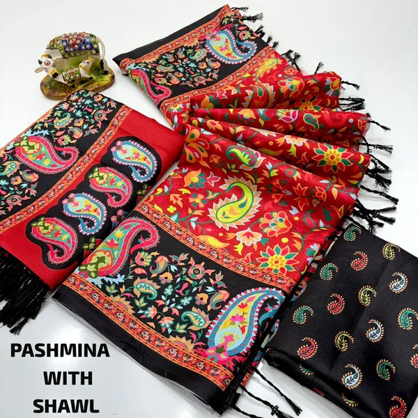 Traditional Digital Print Pashmina Saree with Shawl